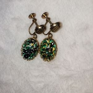 Vintage Clip On Adjustable earrings Emerald, gold tone color